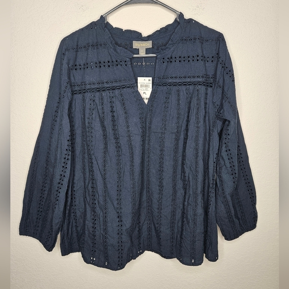NWT Style & Co Coastal Classic Eyelet Ruffle Trim Long Sleeve Lightweight Blouse